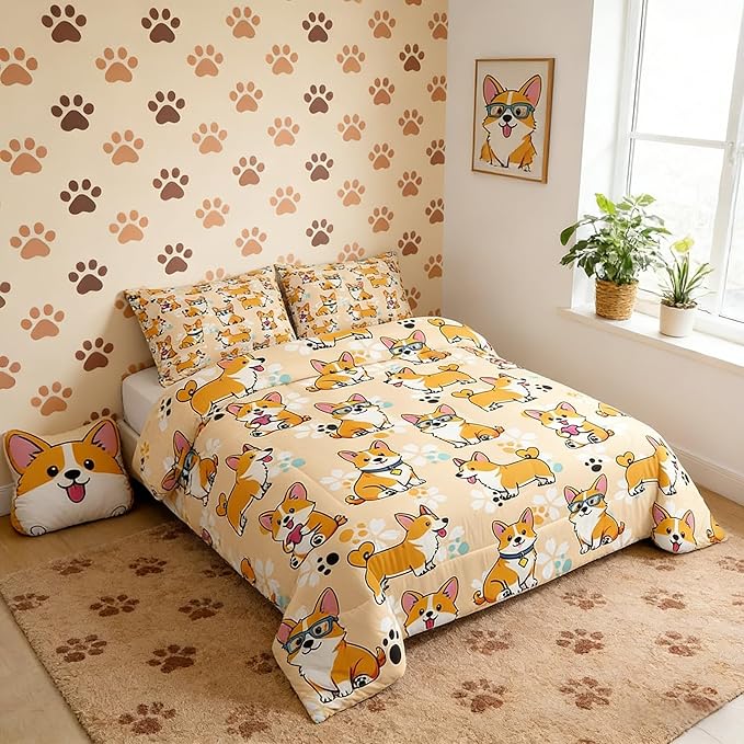 Homewish Cute Corgi Comforter Set King Size,Cartoon Dog Paws Bedding Set 3pcs for Kids Teens Boys Girls Room Decor,Smiling Dogs Pets Animals Quilt Set Kawaii Yellow Duvet Insert with 2 Pillowcases by Homewish
