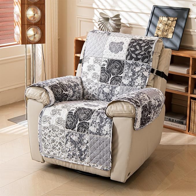 Cmfshape Skidproof Sofa Cover-Grey Rose Sofa Slipcover with Elastic Straps-Easy Fit Slip Cover-Patchwork Washable Furniture Protector for Pets and Kids(Recliner,Grey) - Image 3