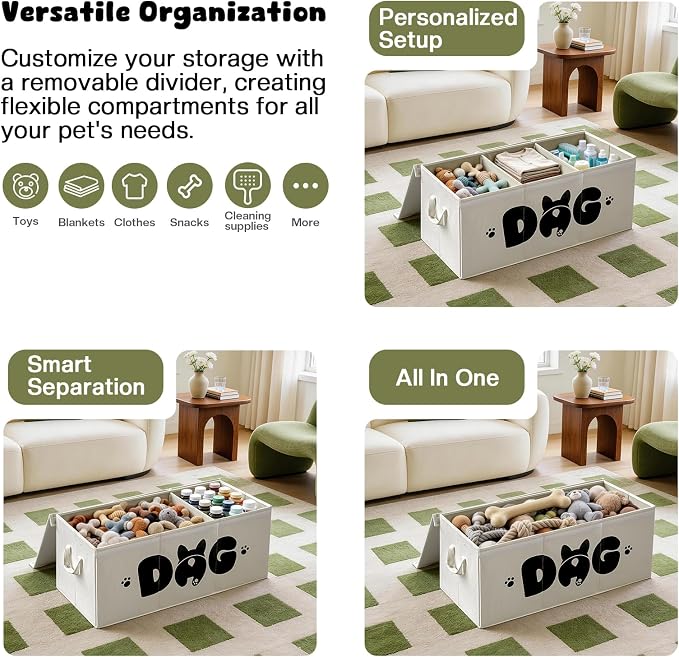 Dog Toy Basket with Lid, 3 Compartments Dog Basket for Toys, Dog Toy Box with 2 Removable Dividers, Collapsible Storage Bins for Dog Toys, Dog Storage Organizer, Beige - Image 5