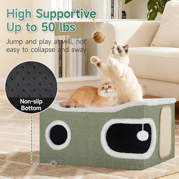 Shikha Extra Large Cat House Bed for Multi Cats with Scratch Pad Green | 24 x 17.7 x 12.6 IN Widen Cat Cave Cube for Multi Pets, Foldable, Arc-Edge Design, Oval Door, All Seasons Reversible Cushion - Image 4