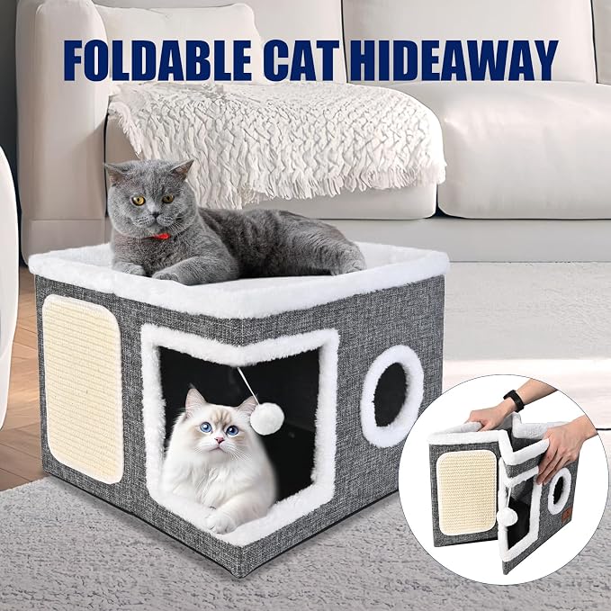 Cat Beds for Indoor Cats, Large Cat Cave Bed with Scratch Pad and Fluffy Ball, Foldable Cat Hideaway, Cat House with Reversible Cushion for Multi Small Pet Up to 30LBS, Grey - Image 5