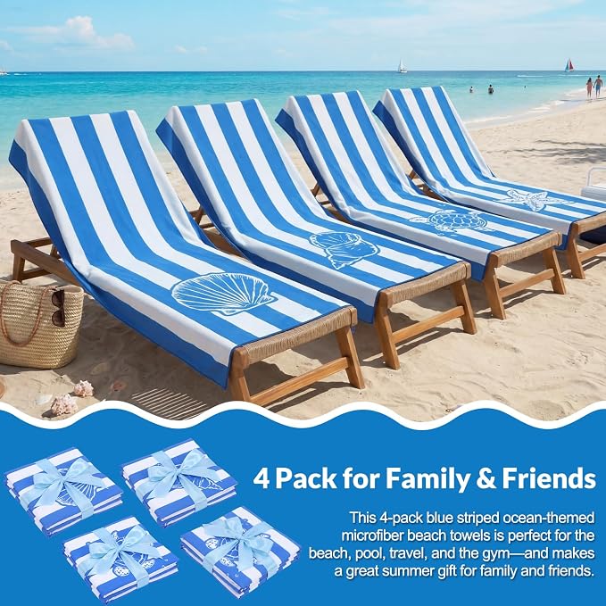 Frienda 4 Pack Microfiber Oversized Lightweight Beach Towel 71x32 in for Women Men Microfiber Quick Dry Sand Free Ocean Coastal Towels for Beach Pool Travel (Blue and White Stripes) - Image 5