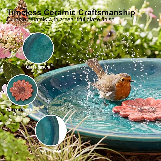 Topadorn 12.2'' Ceramic Birdbath & Birdfeeder for Small Birds Outdoors | 2" Depth Bird Bath Bowl For Vintage Garden Patio Yard Lawn Decor, Blue with Red Flower - Image 4