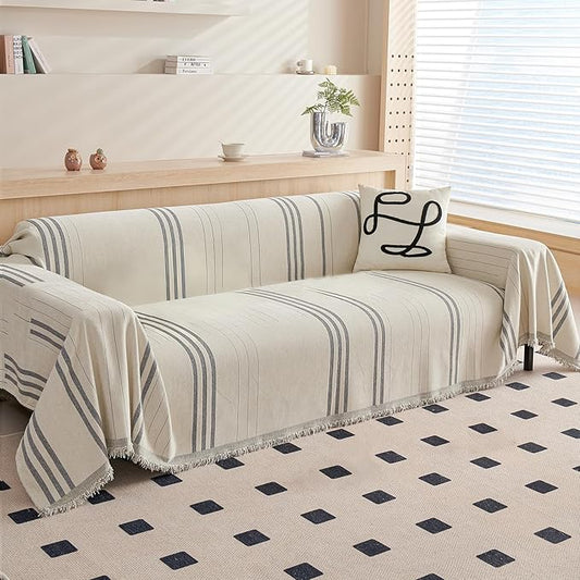 DREAMINGO Couch Cover Reversible Chenille 3 Seat Sofa Covers for Dogs Pets Beige Grey Couch Protector for 3 Cushion Couch Sofa Vertical Stripe Jacquard Sofa Slipcover Sectional, 71"x134" by DREAMINGO