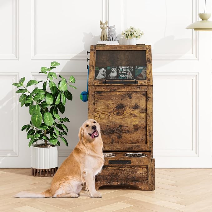 Dog Feeding Station with 2 Elevated Bowls, Pet Feeding Station,Flip Top Dog Food Storage Cabinet, Food Storage Container,Pet Toy Organizer,Modern Organizer,Brown by STMHOM