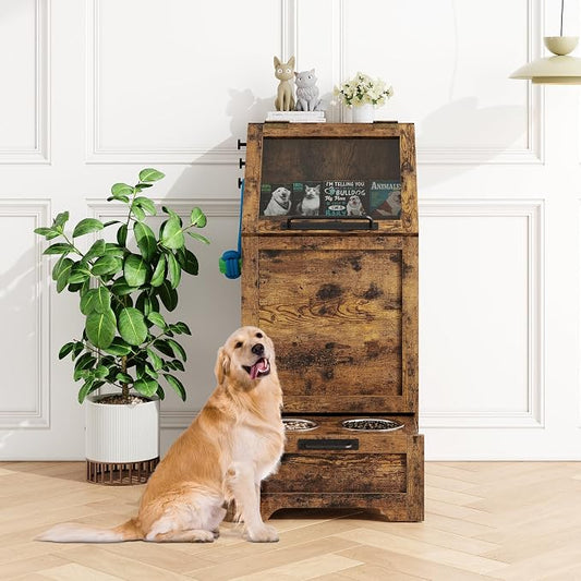 Dog Feeding Station with 2 Elevated Bowls, Pet Feeding Station,Flip Top Dog Food Storage Cabinet, Food Storage Container,Pet Toy Organizer,Modern Organizer,Brown by STMHOM