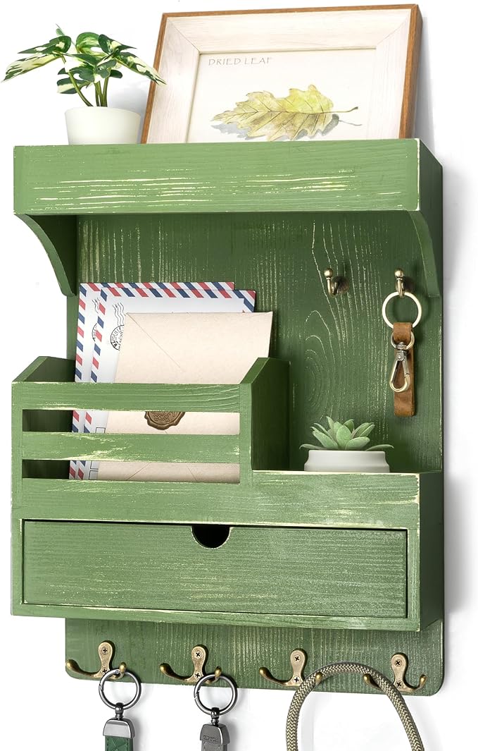 Rebee Vision Key Holder Wall Mount with 6 Key Hooks for Entryway, Green | Pine Wood, Key Holder for Wall, Floating Shelf, Plant Display, Small Drawer Organizer, Mail Sorter, Room Decor, Home Storage by REBEEVISION