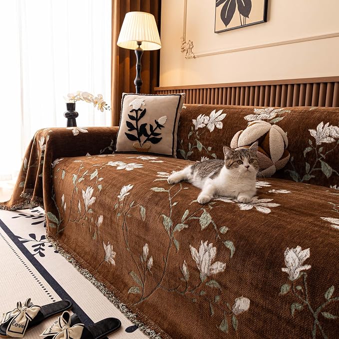 STACYPIK Vintage Floral Couch Cover for Dog, Farmhouse Garden Breathable Sofa Covers for 3 Cushion Couch Chenille Jacquard Brown Pet Protector Slipcovers for Sectional, L Shape Loveseat Cover-71X134IN - Image 4