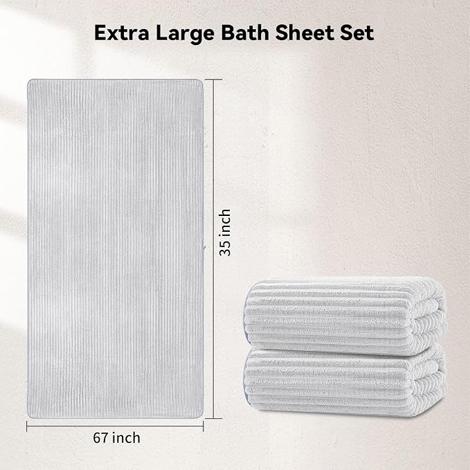 Extra Large Bath Towel Set 2 Piece, XL Bath Towels 35"x67" Oversized Bath Sheets, 280 GSM Microfiber Quick Dry Absorbent Towels – Light Gray - Image 2