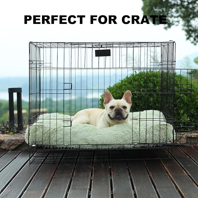 Bedfolks Waterproof Crate Bed, Plush Pad With Removable Cover, Faux Fur for Medium Dogs, Fluffy Washable Kennel 29"x21", Sage Green - Image 3