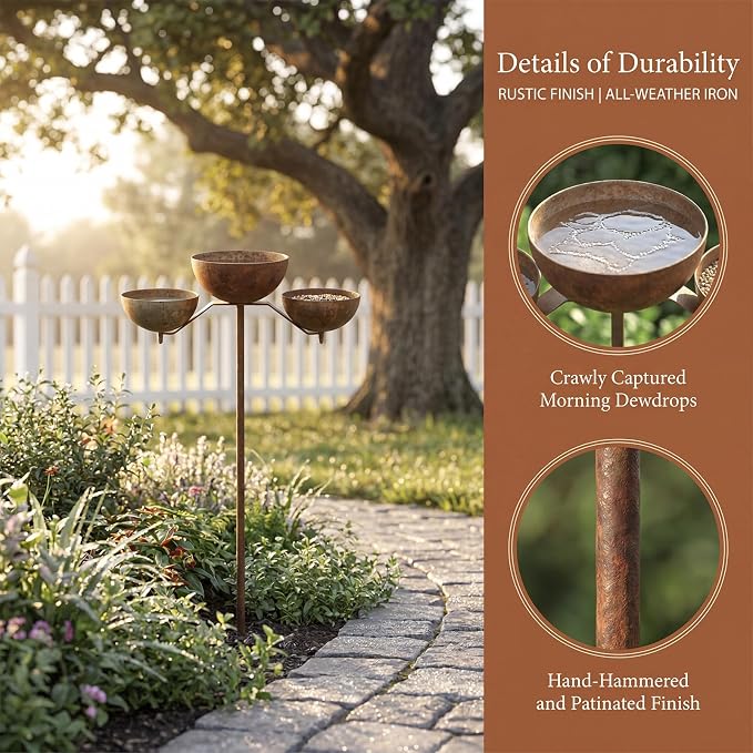 Rusty Rain Catcher Garden Stake - Adjustable Metal Bird Feeder and Bath Bowl, Vintage Outdoor Decor for Lawn Yard Landscaping, Attracts Birds and Beneficial Insects - Image 5
