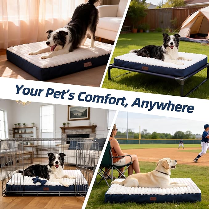 Orthopedic Dog Bed for Large Dogs, Firm Egg Crate Foam, Non-Slip Bottom | Machine Washable Cover, Plush Faux Rabbit Fur Top, Pet Beds for Crate, Floor & Car, Up to 50 lbs, Blue, 35"L x 22"W x 3"H - Image 6