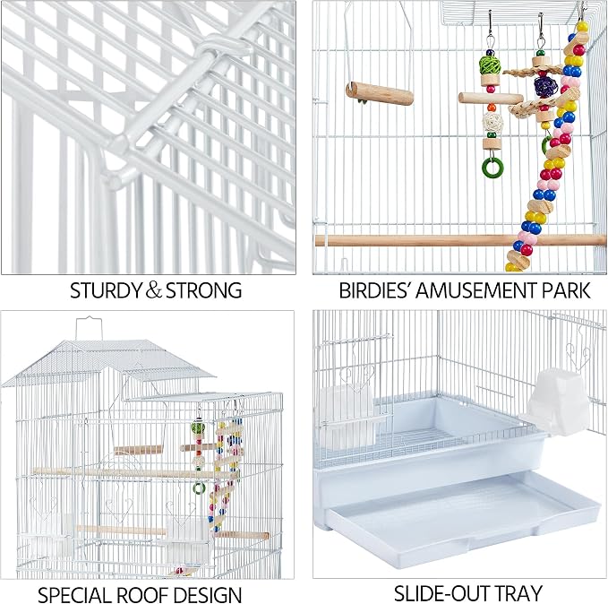 Yaheetech 39-inch Roof Top Medium Parakeet Bird Cages for Cockatiels Conures Finches Budgies Canaries Lovebirds Parakeets Green Cheek Small Birds Parrots, Travel Flight Birdcage w/Toys, White - Image 6