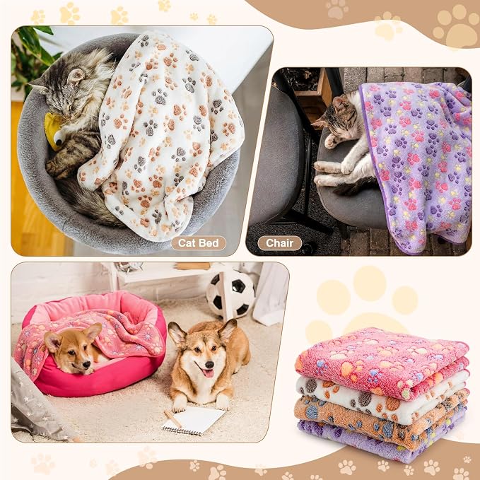 Tatuo 4 Pack Fleece Dog Blankets for Puppy Cats Multi-Size Sleep Mat for Pet Guinea Pig Soft Washable Warm Crate Bed Puppy Teething Toys Print Pattern Blanket Indoor(Mixed Color,Diameter 29 Inch,Paw) - Image 4