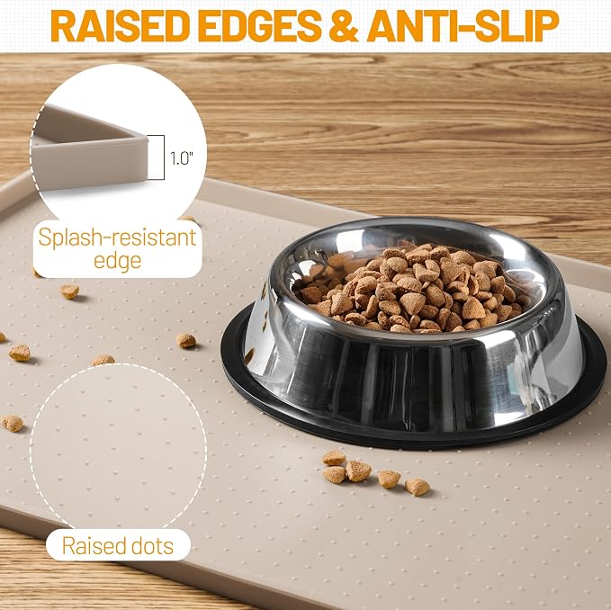 Hubulk Dog Feeding Mat,100% Waterproof Food Grade Silicone Pet Food and Water Bowl Placemat,Dishwasher, High Raised Edge to Prevent Spills,Nonslip Tray to Stop Messes on Floor（32"x24"x1.0", Taupe） - Image 3