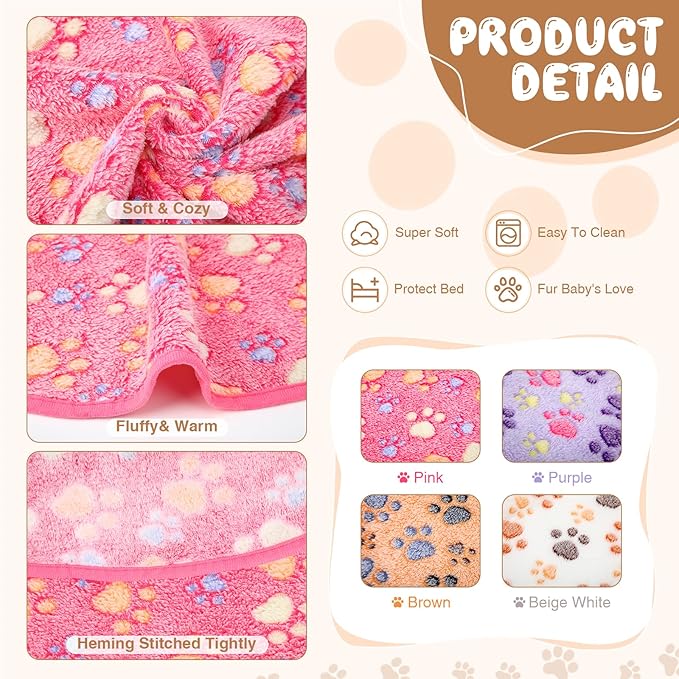 Tatuo 4 Pack Fleece Dog Blankets for Puppy Cats Multi-Size Sleep Mat for Pet Guinea Pig Soft Washable Warm Crate Bed Puppy Teething Toys Print Pattern Blanket Indoor(Mixed Color,Diameter 29 Inch,Paw) - Image 2