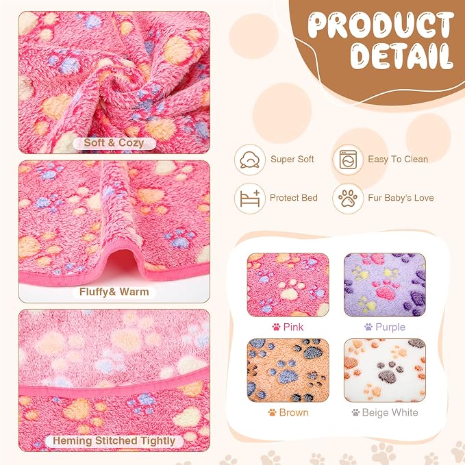 Tatuo 4 Pack Fleece Dog Blankets for Puppy Cats Multi-Size Sleep Mat for Pet Guinea Pig Soft Washable Warm Crate Bed Puppy Teething Toys Print Pattern Blanket Indoor(Mixed Color,24 x 16 Inch,Paw) - Image 4