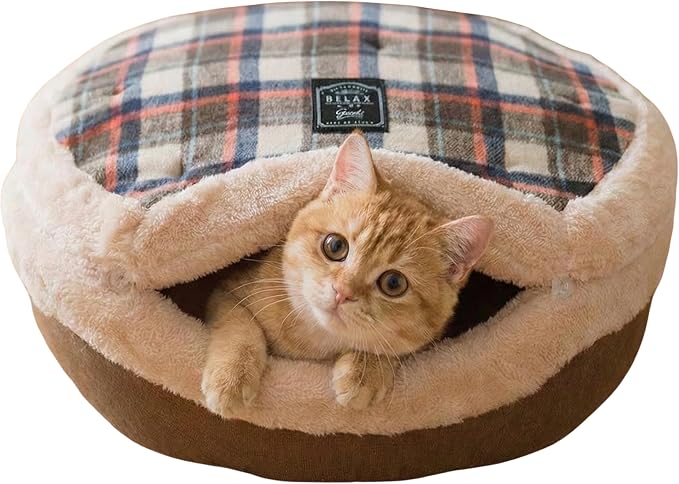 Cat Bed Cave - Enclosed Hideaway with Detachable Lid for Kitten (Brown) | Covered round house, Removable top, Separate liner, Cozy privacy nook, Apartment-friendly shelter, Easy cleaning setup by Urnat