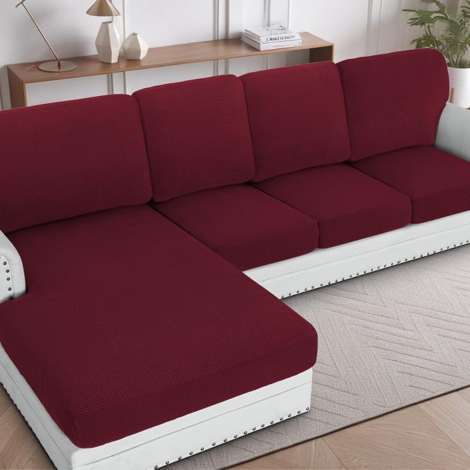 H.VERSAILTEX Sectional Couch Covers 8 Pieces Stretch Sofa Covers for Sectional Sofa Set Separate L Shaped Couch Cover for Both Left/Right Couch (Seat and Back: 1 Chaise + 3 Sofa, Burgundy) by HVERSAILTEX