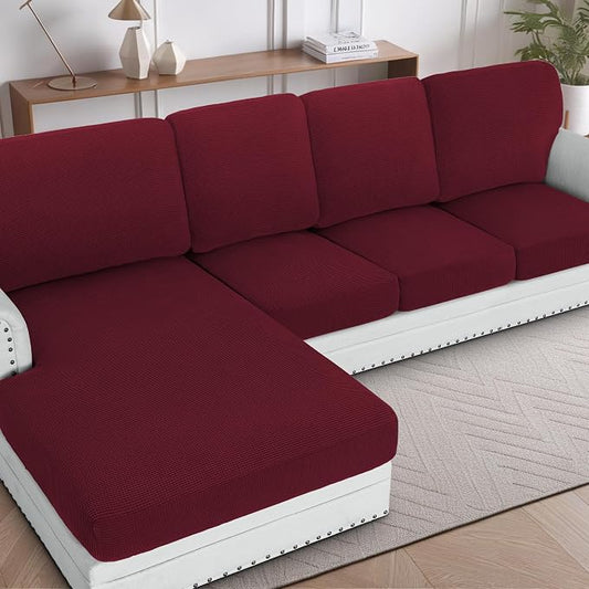 H.VERSAILTEX Sectional Couch Covers 8 Pieces Stretch Sofa Covers for Sectional Sofa Set Separate L Shaped Couch Cover for Both Left/Right Couch (Seat and Back: 1 Chaise + 3 Sofa, Burgundy) by HVERSAILTEX