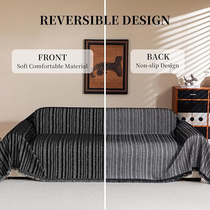 Sofa Covers for 3 Cushion Couch Seat, Loveseat Non Slip Couch Cover Chenille Strip Couch Throw Blankets with Tassels, Sectional Sofa Slipcovers Furniture Protector for Pets, Kids 71"x150", Black - Image 2