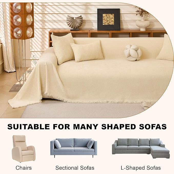 Beige Chenille Couch Cover Washable XX-Large 3-4 Cushion Sofa Covers | Super Soft & Thick, Anti-slip, Wear & Tear Resistant, Multifunctional Furniture Protector Cover, Tassel Design, 71"x150" - Image 3