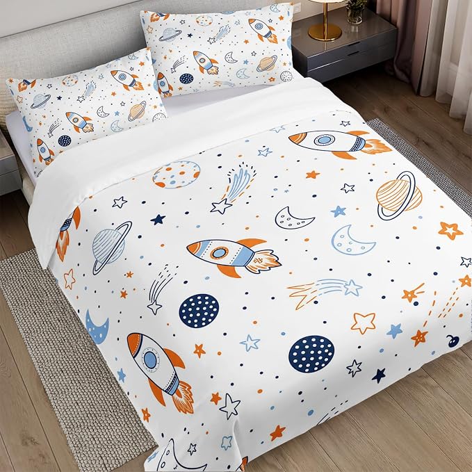 AILONEN Celestial Rocket King Duvet Cover Set 3 Piece, Planet Trail Printed Bedding with 2 Pillowcases, Microfiber Zipper Closure, Main Couple Bedroom - Image 2