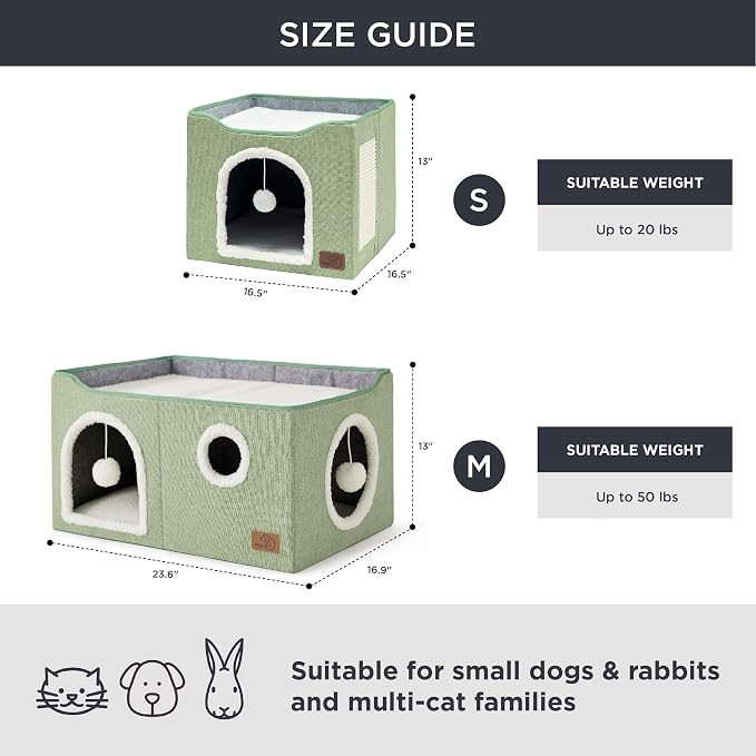 Bedsure Extra Wide Cat House Bed with Fluffy Ball and Scratch Pad,Green | 23.6x16.9x13 in,Indoor Cat Cave for Multiple Pets, Foldable Cat Hideway Cube for Sleeping Large Cat and Kitten - Image 6