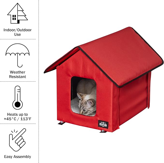 Heated Cat House - Double-Door Cat Bed with Zippered Roof, Pet Heating Pad, and Sherpa Cover - for Garage, Porch, Barn, or Basement by PETMAKER (Red) - Image 4