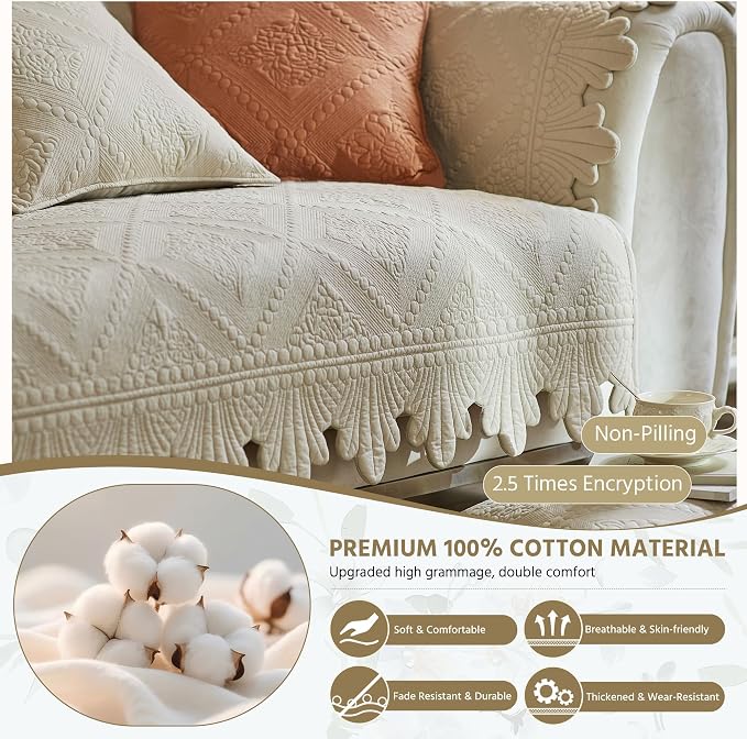 OTOB Cotton Quilted Dog Couch Covers for Sofa Washable Anti Slip, 1 Piece | Khaki, 27.6"x70.9", Rustic Farmhouse Embroidery, All Seasons, Soft Thick, Breathable, Wear-Resistant, Pet Friendly - Image 3