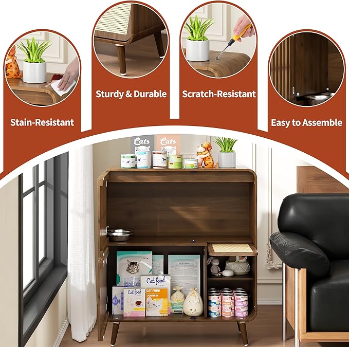 Dog Proof Cat Feeding Station, Pet Feeding Station with Storage and Scratching Board, 2 Raised Steel Bowls for Indoor Cats, Elevated Food Bowls with Stand, Large Pet Furniture, Brown - Image 6
