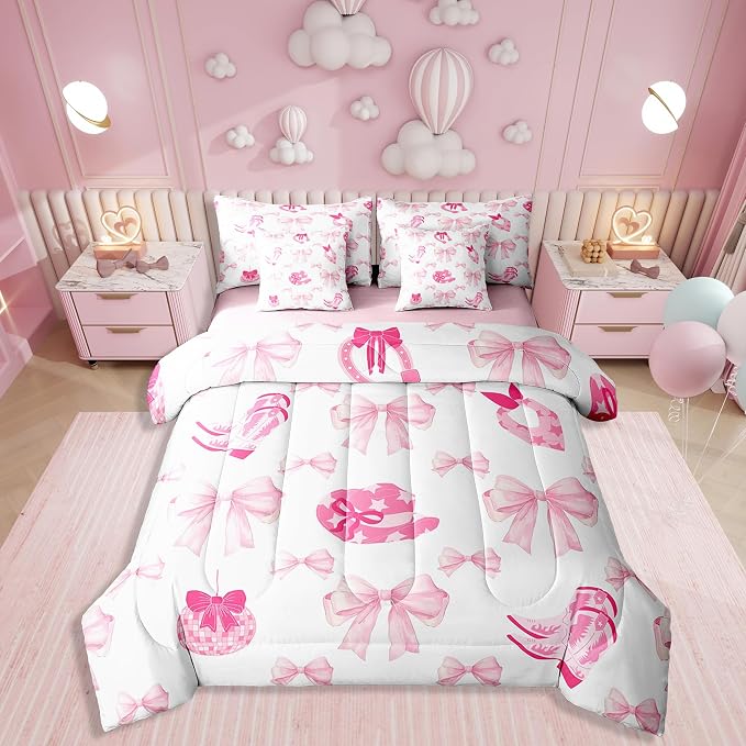Erosebridal 7 Piece Western Cowgirl Comforter Set King Bed in a Bag,Pink Bowknot Bow Bedding Set for Girls Women,Rustic Farmhouse Quilt,Vintage Cowboy Hats Boots Duvet Set,Funky Disco Ball Sheet Set by Erosebridal