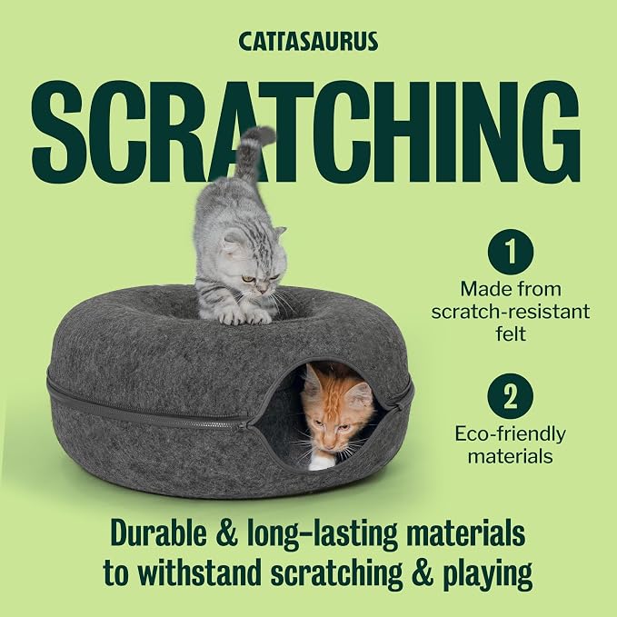 Cattasaurus Peekaboo Cat Cave Donut for Multiple & Large Cats up to 30-45 lbs, 3-in-1 Self Warming Cat Bed, Tunnel & Scratcher for Indoor Cats, Washable & Detachable (Dark Gray + Dark Gray, Large) - Image 6