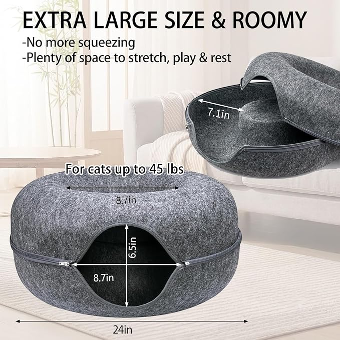 Cat Tunnel Bed for Heavy Big Cats up to 45 lbs - 24" Donut Cat Bed for Multi-Cat Home - Premium Detachable Zipper Felt Anti-Scratch Cat Cave Bed - Roomy Non-Collapsing Cat Hideaway & Peekaboo Toy - Image 2
