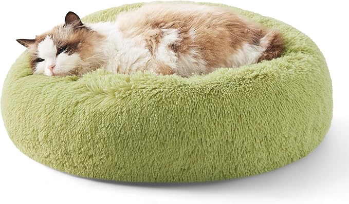 Bedsure Calming Cat Beds Donut Round Washable Kitten Bed,20 inches Green | Fluffy Faux Fur Cuddler,Anti-Slip Bottom,Anti-Anxiety,Deep Sleeping for Cats&Small Pets Up to 15 Lbs by Unknown