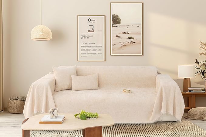 Luxury Creamy Beige Slub Chenille Couch Cover Soft Large 71x118 in | for All Shape Sofa Couch, Slub Furniture Protector Machine Washable, Solid Beige Durable Sofa Slipcover for Dog Pet Kid by TOYROOM