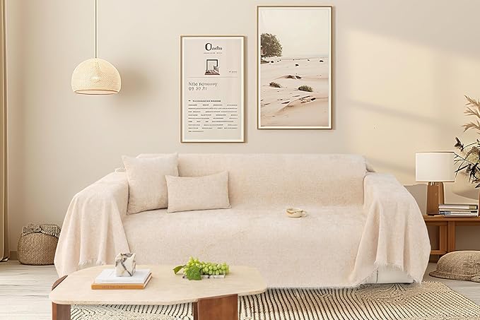 Luxury Creamy Beige Slub Chenille Couch Cover Soft Large 71x118 in | for All Shape Sofa Couch, Slub Furniture Protector Machine Washable, Solid Beige Durable Sofa Slipcover for Dog Pet Kid by TOYROOM