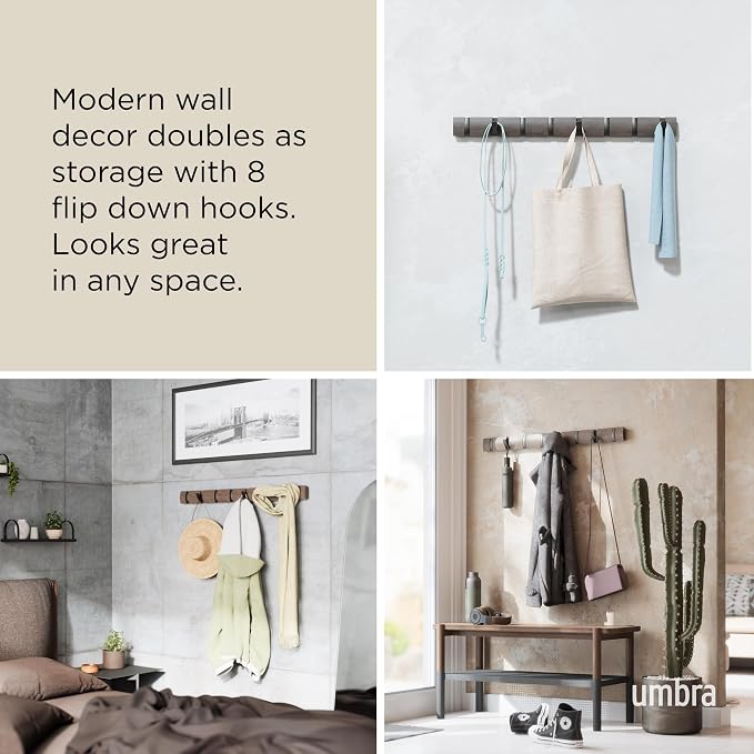 Umbra Flip Coat Rack, Wall Mount 8-Hook, Space Saving, White | Real wood and steel build, retractable hooks fold flat, holds coats bags and scarves, easy install - Image 4