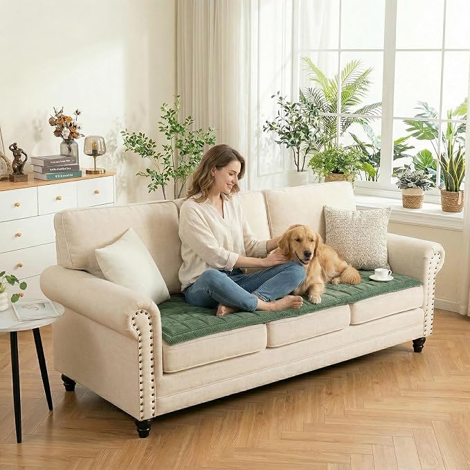 KRFOONN Couch Cover for Dogs Washable Sofa Covers for 3 Cushion Non-Slip Fuzzy Couch Cushion Covers Sofa Slipcovers Couches Furniture Protector with Elastic Straps for Dogs Pets Mat(Green,27.6" x 59") - Image 2