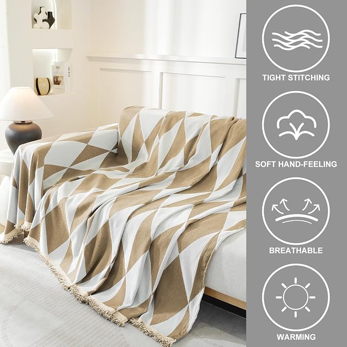 Couch Cover for Sofa, Boho Sofa Cover Washable Couch Cover for Dogs, Pet Sofa Cover for 1-Cushion Couches with Tassel Furniture Protector Cover,71" x 91",Khaki-Diamond - Image 3