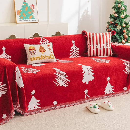 hyha Couch Cover for Dogs, Boho Chenille Sofa Cover for 3 Cushion Couch | Anti-Scratch Washable Sofa Slipcover, Loveseat Sectional Couch Blankets with Tassels (Red Christmas Tree, 88.5x134 Inch) by hyha