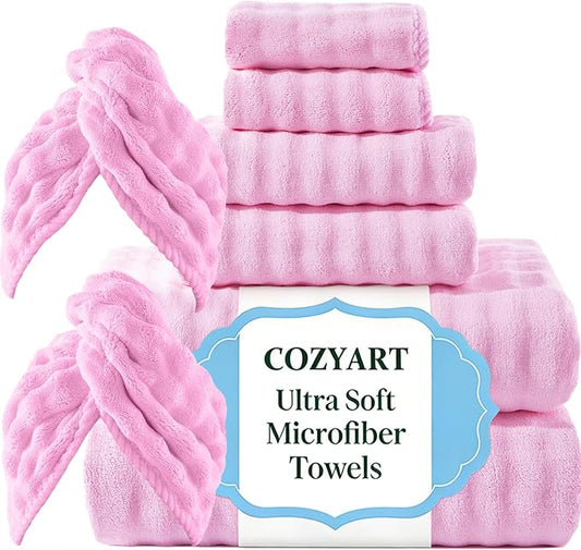 COZYART Lint Free 8 Pcs Bathroom Towels Set Ultra Soft Microfiber Pink | Ultra Fluffy, Thick, Highly Absorbent, Quick Dry, No Shedding, No Pilling, Fade Resistant, Durable, Long-lasting by COZYART