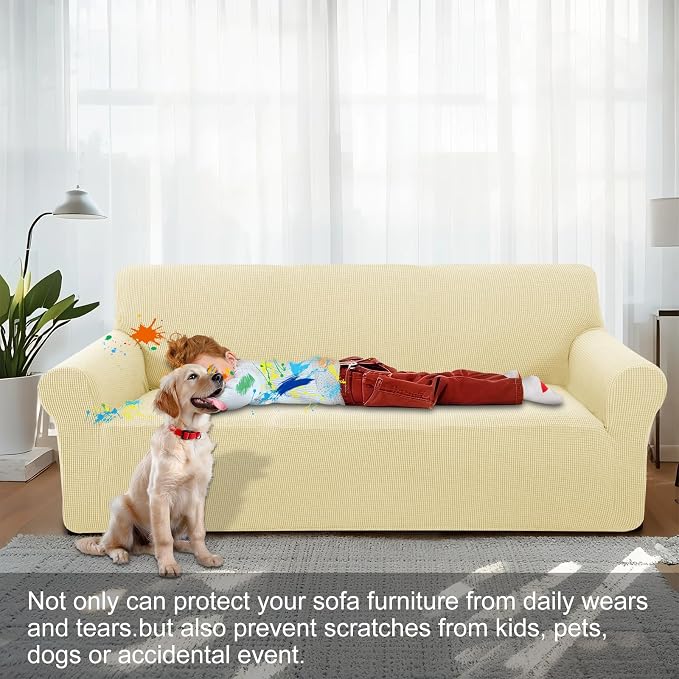 Stretch Couch Covers for Sofa Washable, Large, Beige | 3seat sofa covers for 3 cushion couch, Furniture Protector Couch Slipcover cubre sillones para sala for Kids, Dogs - Image 6