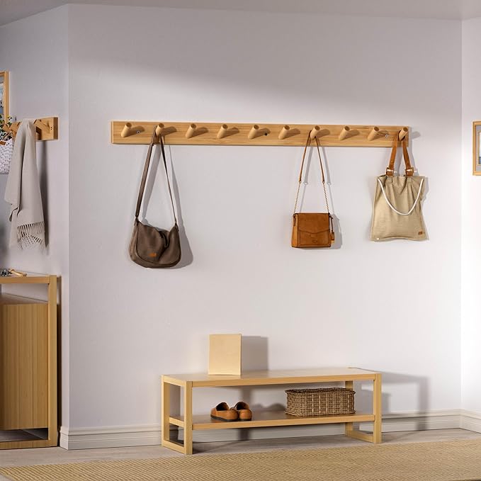 SKOLOO Wood Coat Rack Wall Mounted,10 Peg Long Bamboo Hook for Hanging Backpack Coat Towel Hat,16'' Hole to Hole,Natural - Image 3