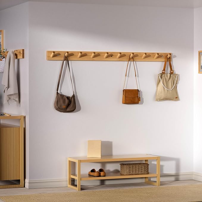 SKOLOO Wood Coat Rack Wall Mounted,10 Peg Long Bamboo Hook for Hanging Backpack Coat Towel Hat,16'' Hole to Hole,Pack of 2,Natural - Image 3