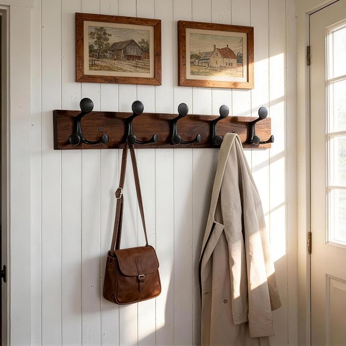 SKOLOO 30-Inch Walnut Wood Coat Rack Wall Mount with 5 Triple Hooks - Ideal for Family Entrances, Classrooms, and Pet Supplies Storage - Perfect Coat Hooks for Wall - Image 2