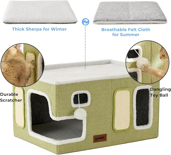 ZOMISIA Extra-Wide Cat House for Indoor Cats - Large Cat House for Pet with Fluffy Ball Hanging and Scratch Pad, Foldable Cat Hideaway for Multi Cats, 23x16.5x13 inches, Navy - Image 2