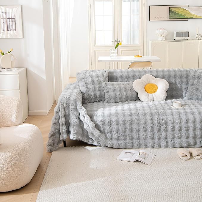 Ultra Soft Faux Rabbit Fur Sofa Covers for 3-4 Cushion Couches, Grey | 1 Piece Non-Slip Couch Covers for Home Decor Warm Cozy Sofa Slipcover Washable for L-Shaped Sofas, 71x150 Inches - Image 2