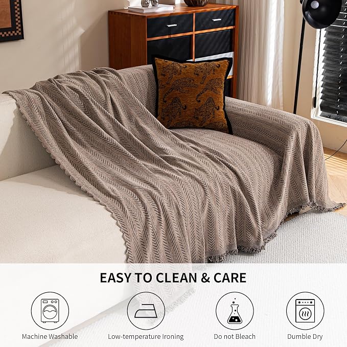 Sofa Covers for 2 Cushion Couch Sofa, Loveseat Non Slip Couch Cover Chenille Strip Couch Throw Blankets with Tassel, Sectional Sofa Slipcover Furniture Protector for Pets, Kids 71"x118", Light Brown - Image 6