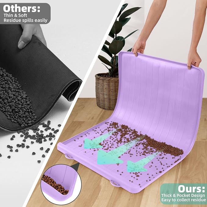 Cat Mat for Food and Water - 39.4" x 27" Thickened Large Dog Food Mat | Waterproof Pet Bowl Mat with Residue Collection Pocket and High Edges to Prevent Water and Food Spills - Purple - Image 4